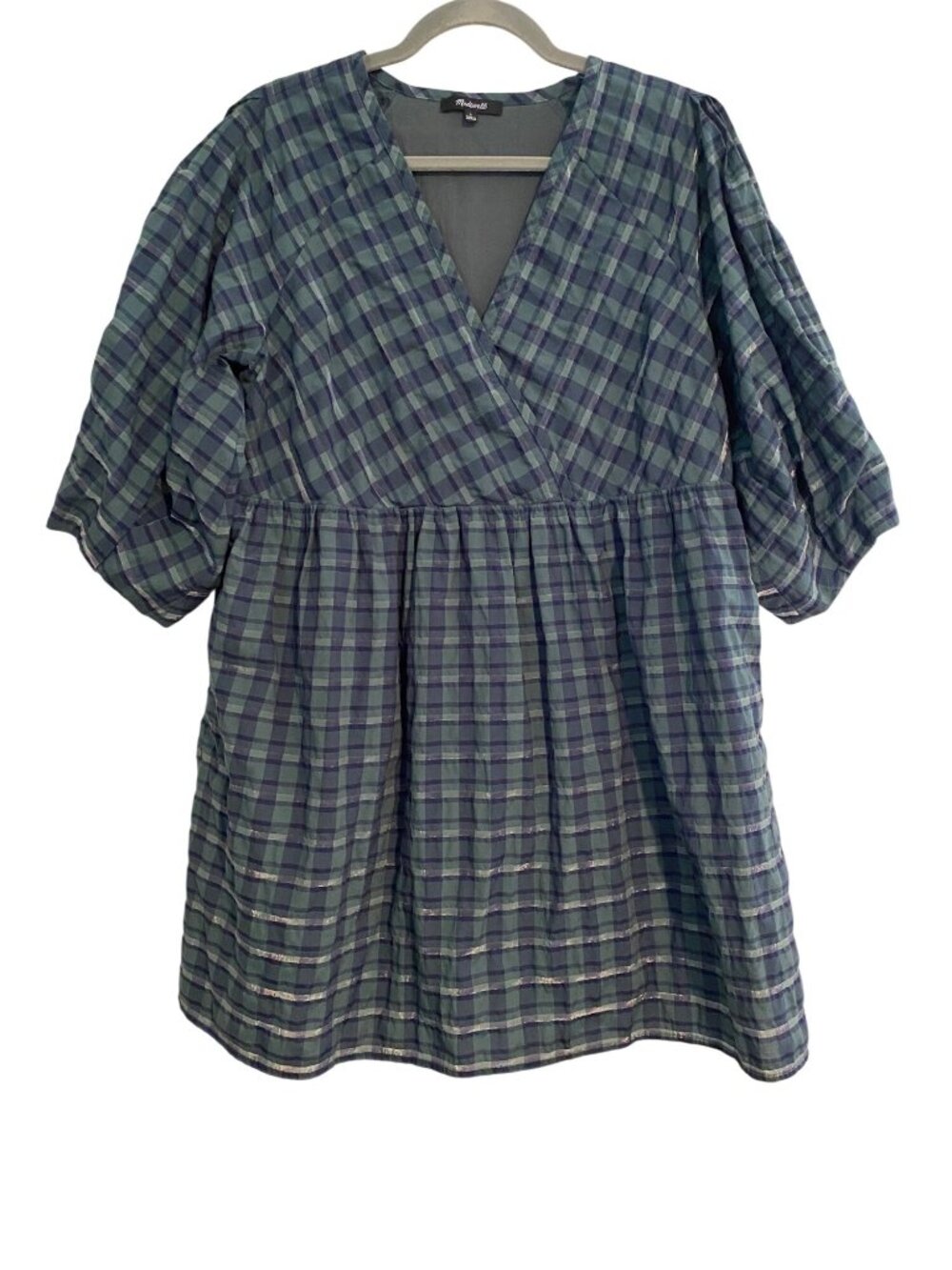 Madewell Women's L Green Blue Plaid Dress 3/4 Puff Sleeves V-Neck Boho Festival